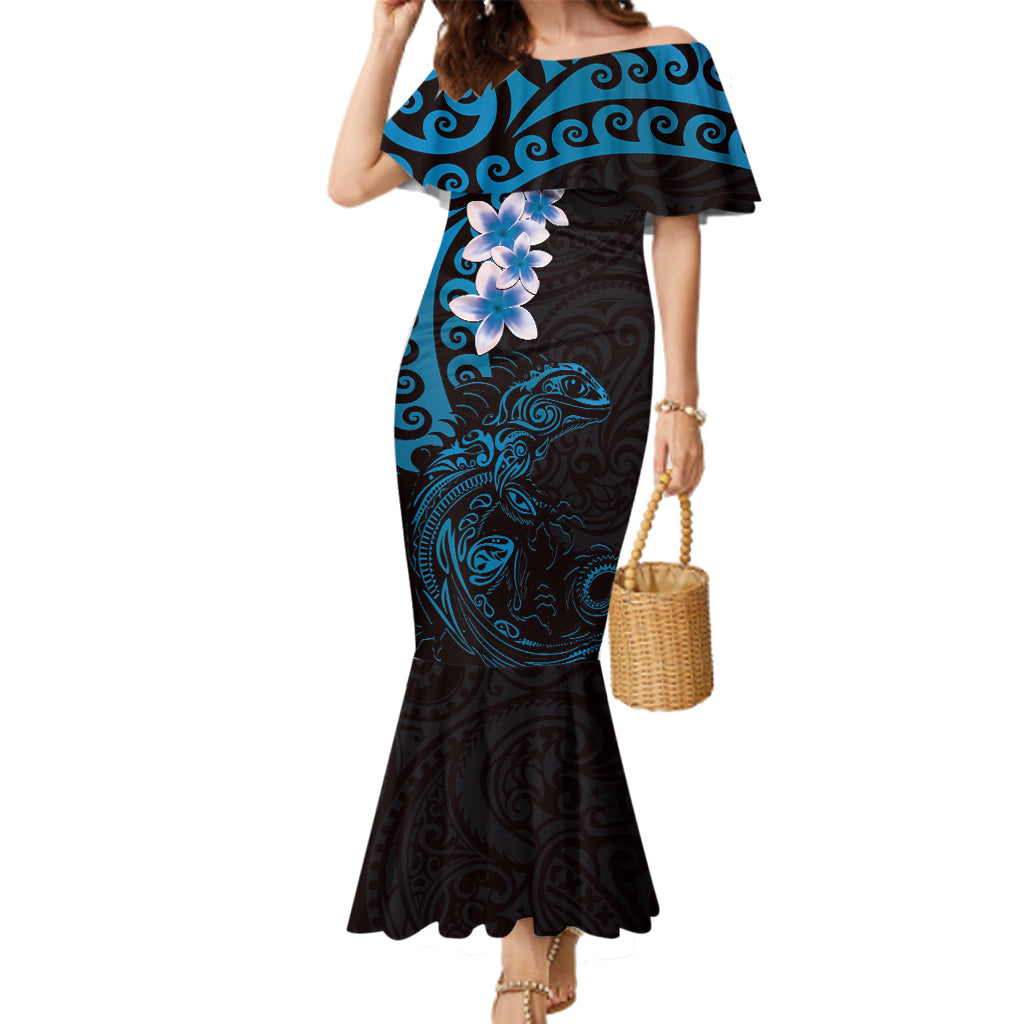 New Zealand Tuatara Plumeria Family Matching Mermaid Dress and Hawaiian Shirt Maori Blue Koru Tribal Tattoo LT01 Mom's Dress Blue - Polynesian Pride