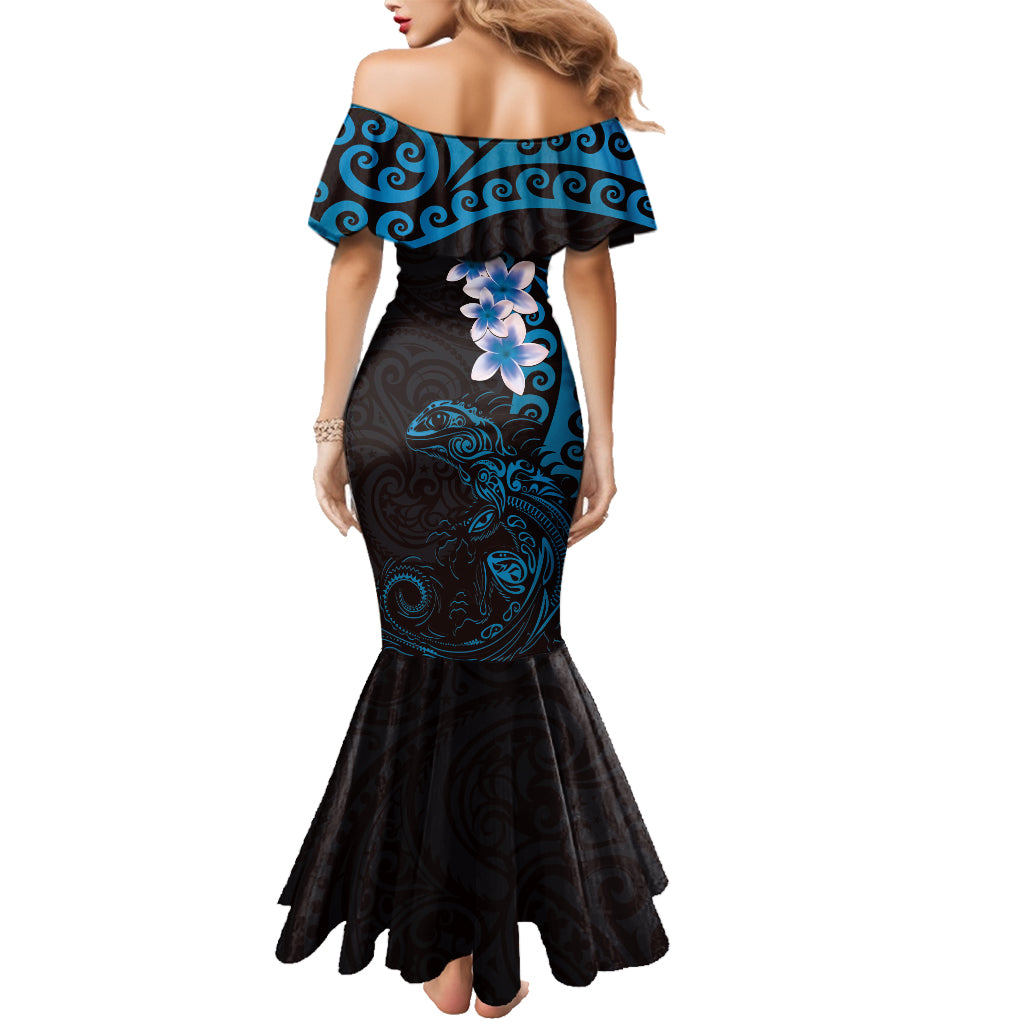 New Zealand Tuatara Plumeria Family Matching Mermaid Dress and Hawaiian Shirt Maori Blue Koru Tribal Tattoo LT01 - Polynesian Pride