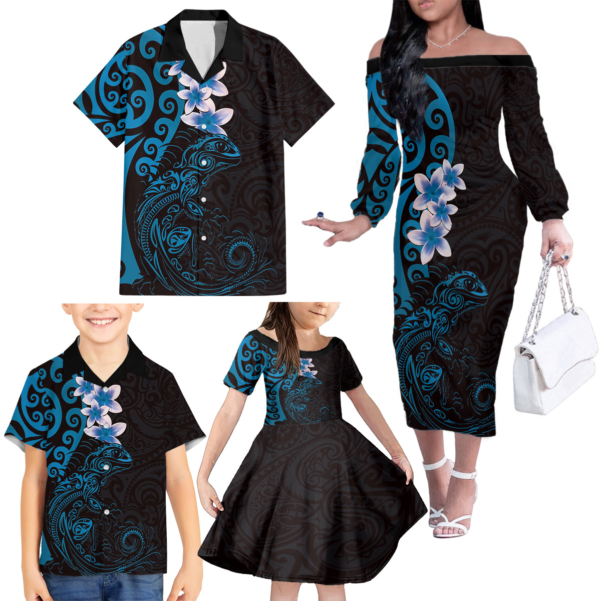 New Zealand Tuatara Plumeria Family Matching Off The Shoulder Long Sleeve Dress and Hawaiian Shirt Maori Blue Koru Tribal Tattoo LT01 - Polynesian Pride