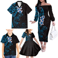 New Zealand Tuatara Plumeria Family Matching Off The Shoulder Long Sleeve Dress and Hawaiian Shirt Maori Blue Koru Tribal Tattoo LT01 - Polynesian Pride