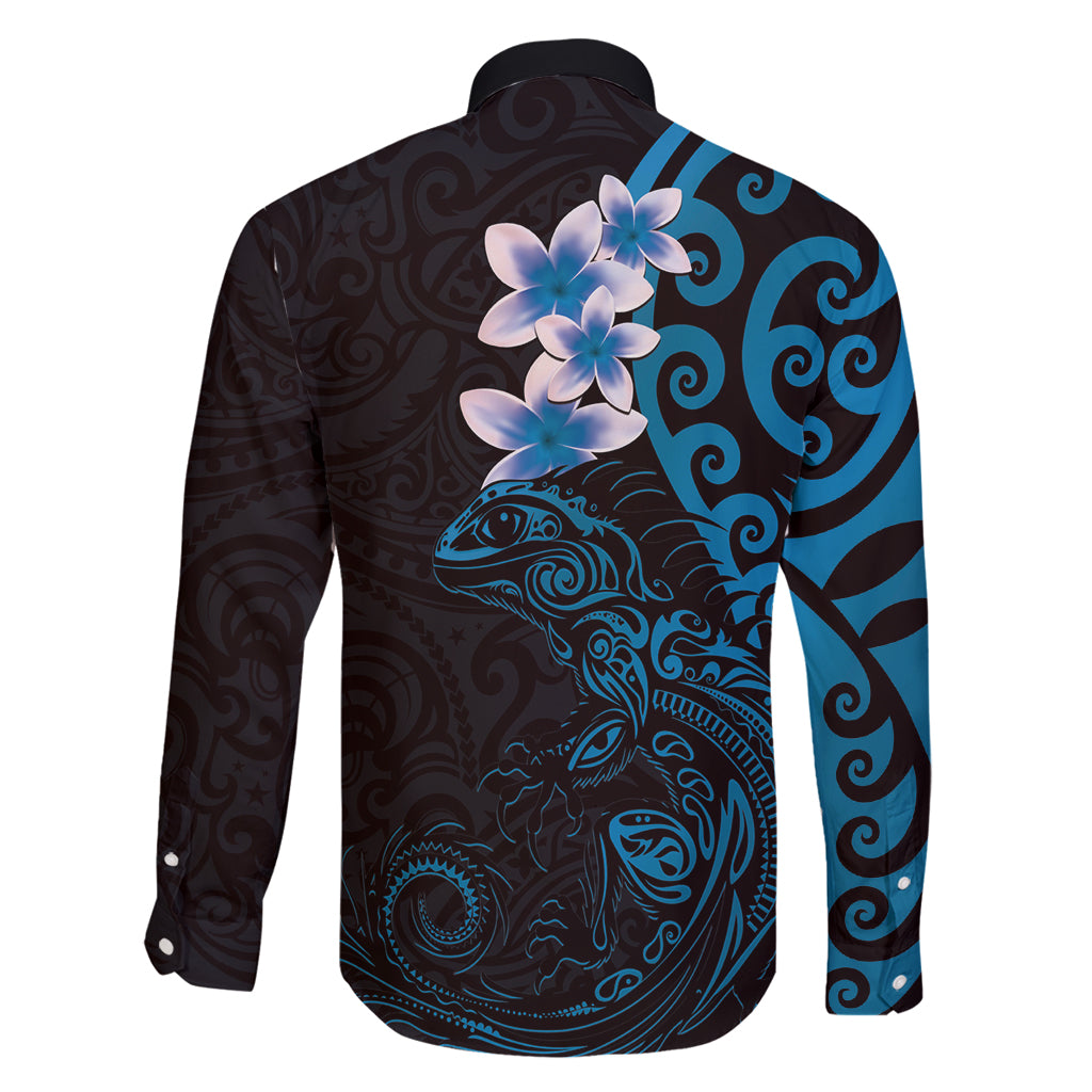 New Zealand Tuatara Plumeria Family Matching Off Shoulder Maxi Dress and Hawaiian Shirt Maori Blue Koru Tribal Tattoo LT01 - Polynesian Pride