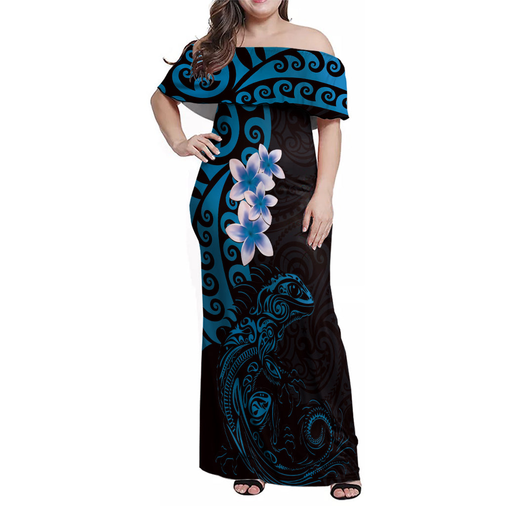 New Zealand Tuatara Plumeria Family Matching Off Shoulder Maxi Dress and Hawaiian Shirt Maori Blue Koru Tribal Tattoo LT01 Mom's Dress Blue - Polynesian Pride