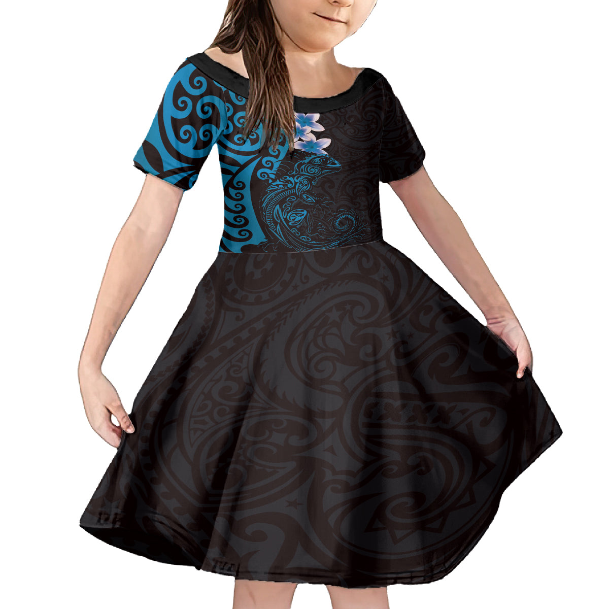 New Zealand Tuatara Plumeria Family Matching Puletasi and Hawaiian Shirt Maori Blue Koru Tribal Tattoo LT01 Daughter's Dress Blue - Polynesian Pride