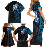 New Zealand Tuatara Plumeria Family Matching Short Sleeve Bodycon Dress and Hawaiian Shirt Maori Blue Koru Tribal Tattoo LT01 - Polynesian Pride
