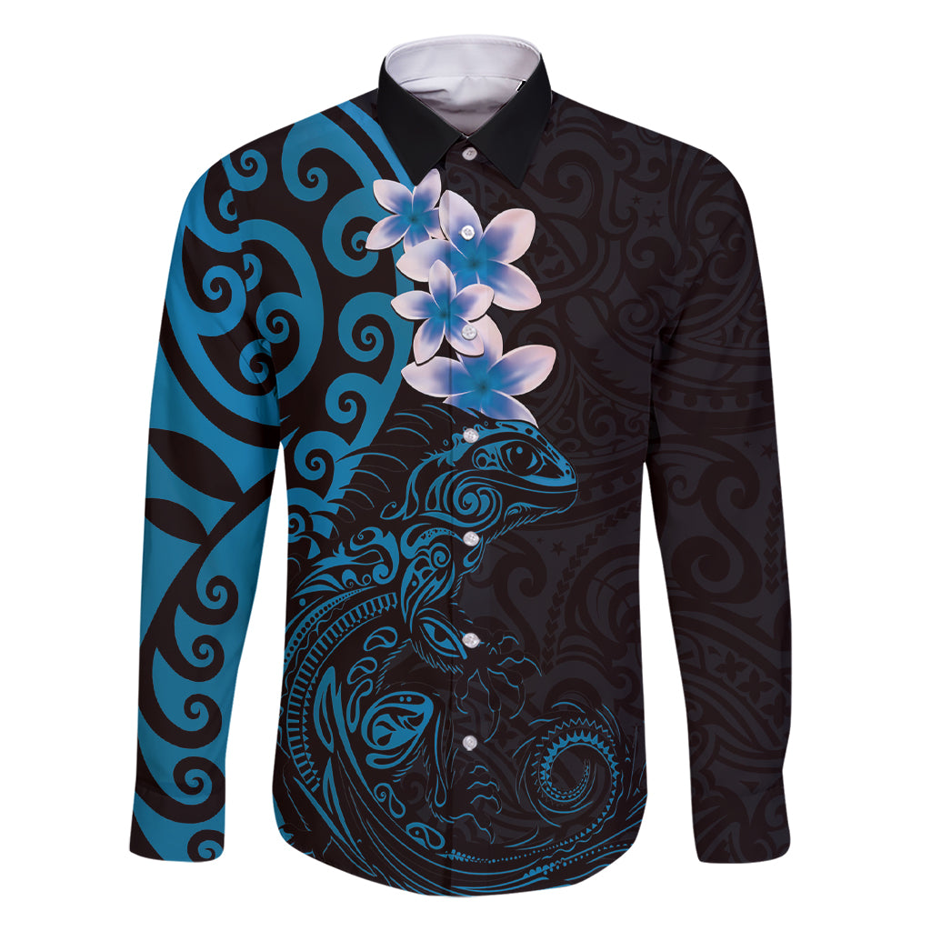 New Zealand Tuatara Plumeria Family Matching Short Sleeve Bodycon Dress and Hawaiian Shirt Maori Blue Koru Tribal Tattoo LT01 Dad's Shirt - Long Sleeve Blue - Polynesian Pride