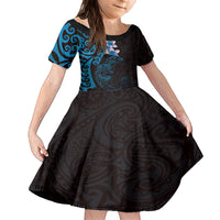 New Zealand Tuatara Plumeria Family Matching Summer Maxi Dress and Hawaiian Shirt Maori Blue Koru Tribal Tattoo LT01 Daughter's Dress Blue - Polynesian Pride