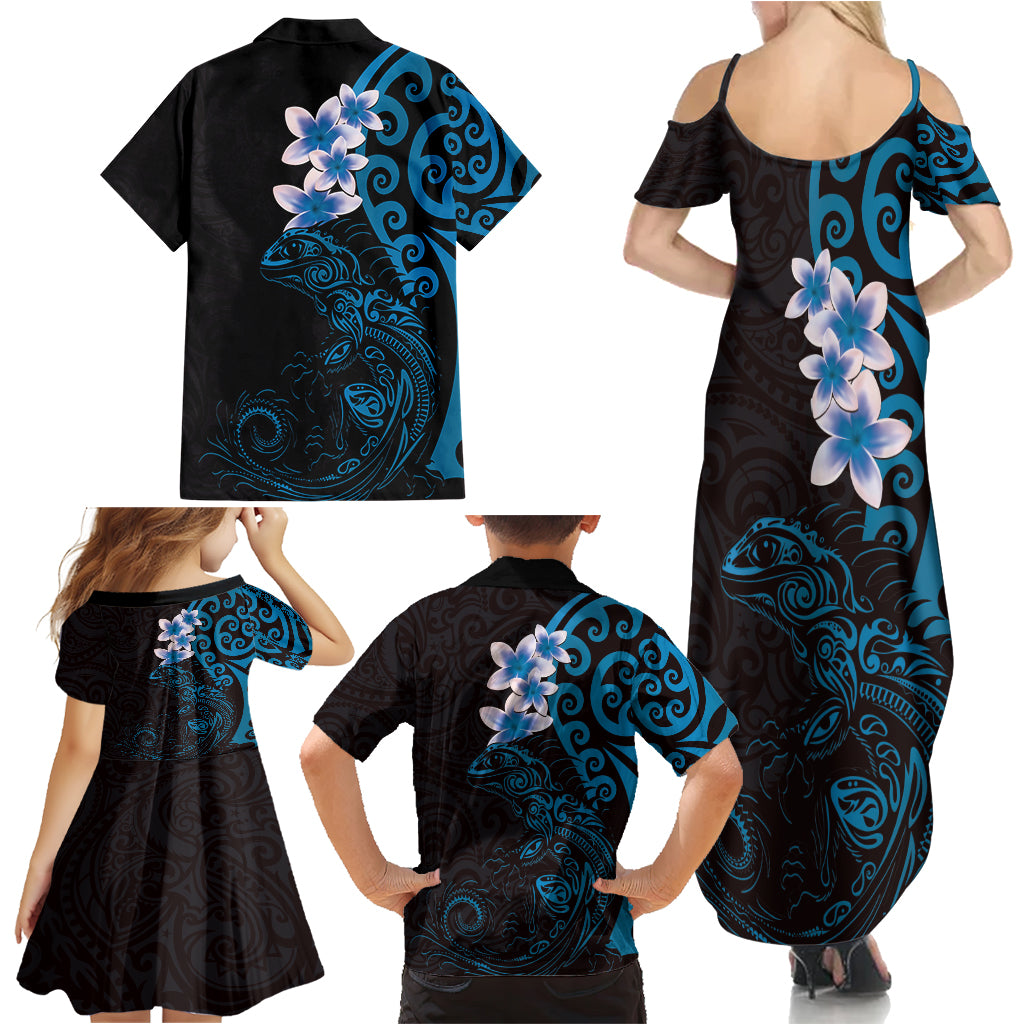 New Zealand Tuatara Plumeria Family Matching Summer Maxi Dress and Hawaiian Shirt Maori Blue Koru Tribal Tattoo LT01 - Polynesian Pride