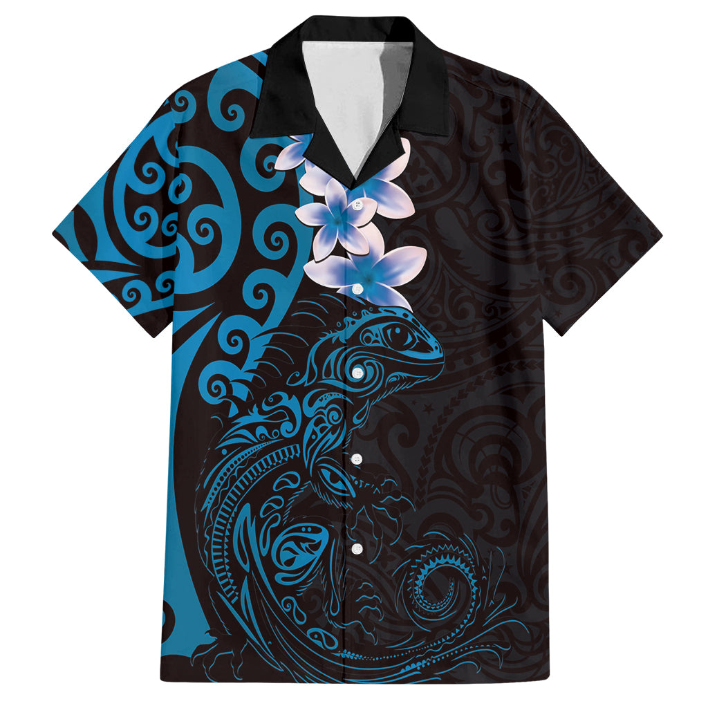 New Zealand Tuatara Plumeria Family Matching Summer Maxi Dress and Hawaiian Shirt Maori Blue Koru Tribal Tattoo LT01 Dad's Shirt - Short Sleeve Blue - Polynesian Pride