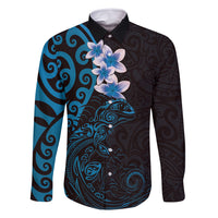 New Zealand Tuatara Plumeria Family Matching Tank Maxi Dress and Hawaiian Shirt Maori Blue Koru Tribal Tattoo LT01 Dad's Shirt - Long Sleeve Blue - Polynesian Pride