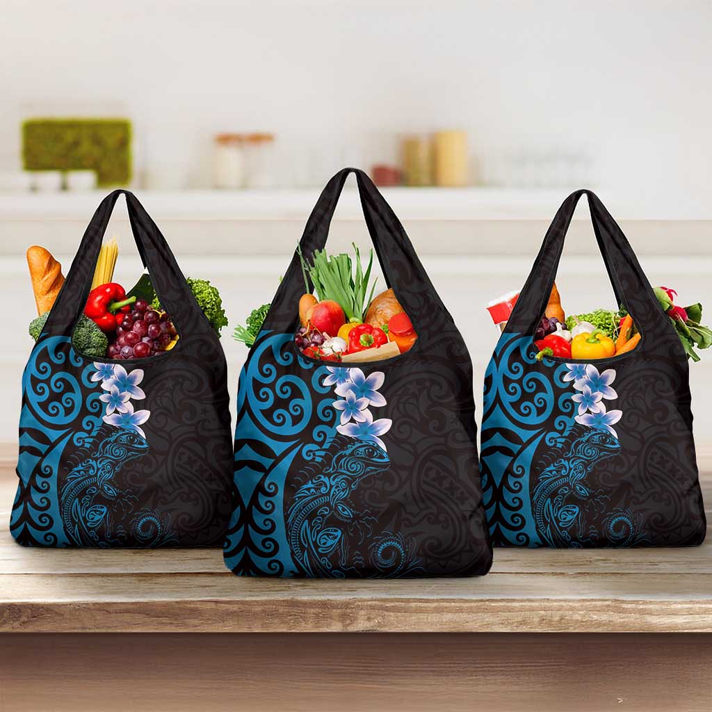 New Zealand Tuatara Plumeria Grocery Bag Maori Blue Koru Tribal Tattoo LT01 3-pack One Size Blue - Polynesian Pride