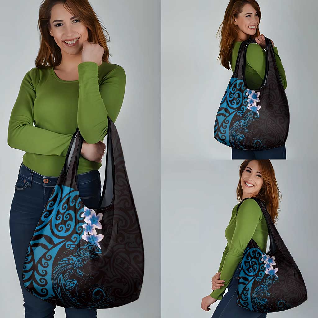 New Zealand Tuatara Plumeria Grocery Bag Maori Blue Koru Tribal Tattoo LT01 - Polynesian Pride