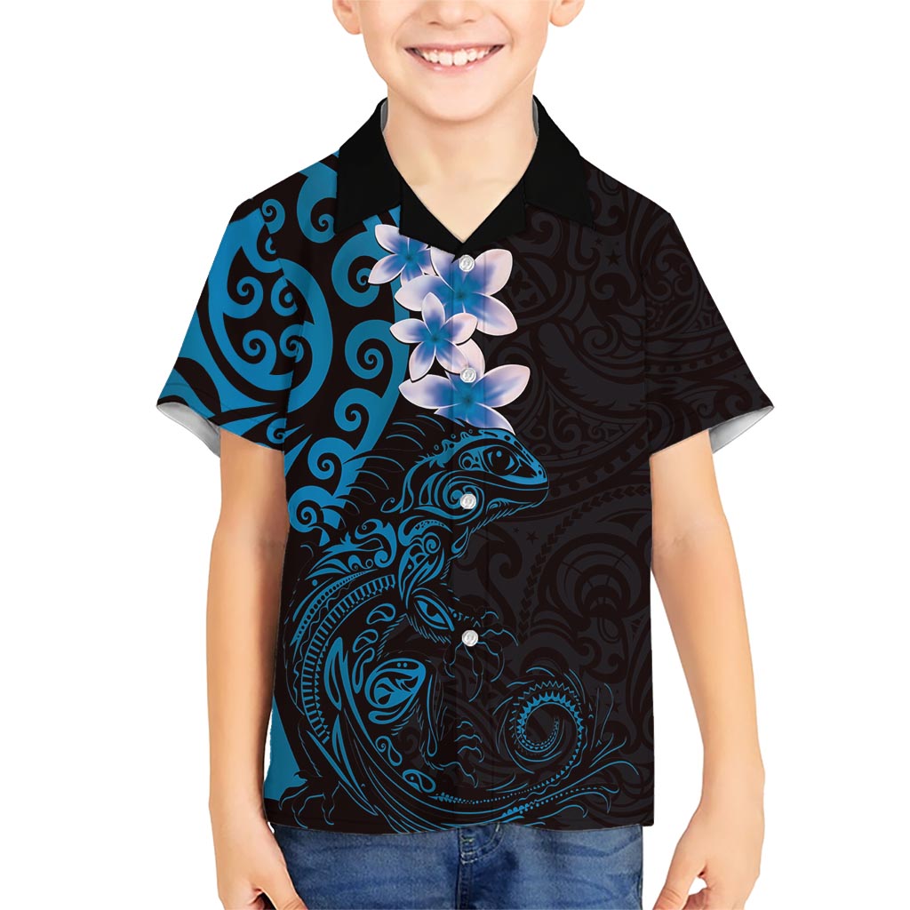 New Zealand Tuatara Plumeria Hawaiian Shirt Maori Blue Koru Tribal Tattoo LT01 - Polynesian Pride