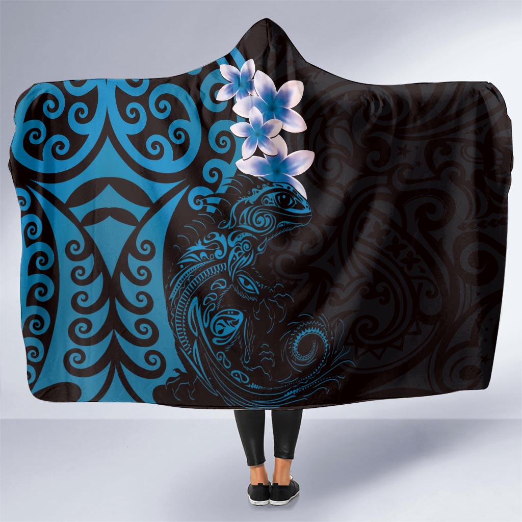 New Zealand Tuatara Plumeria Hooded Blanket Maori Blue Koru Tribal Tattoo LT01 - Polynesian Pride