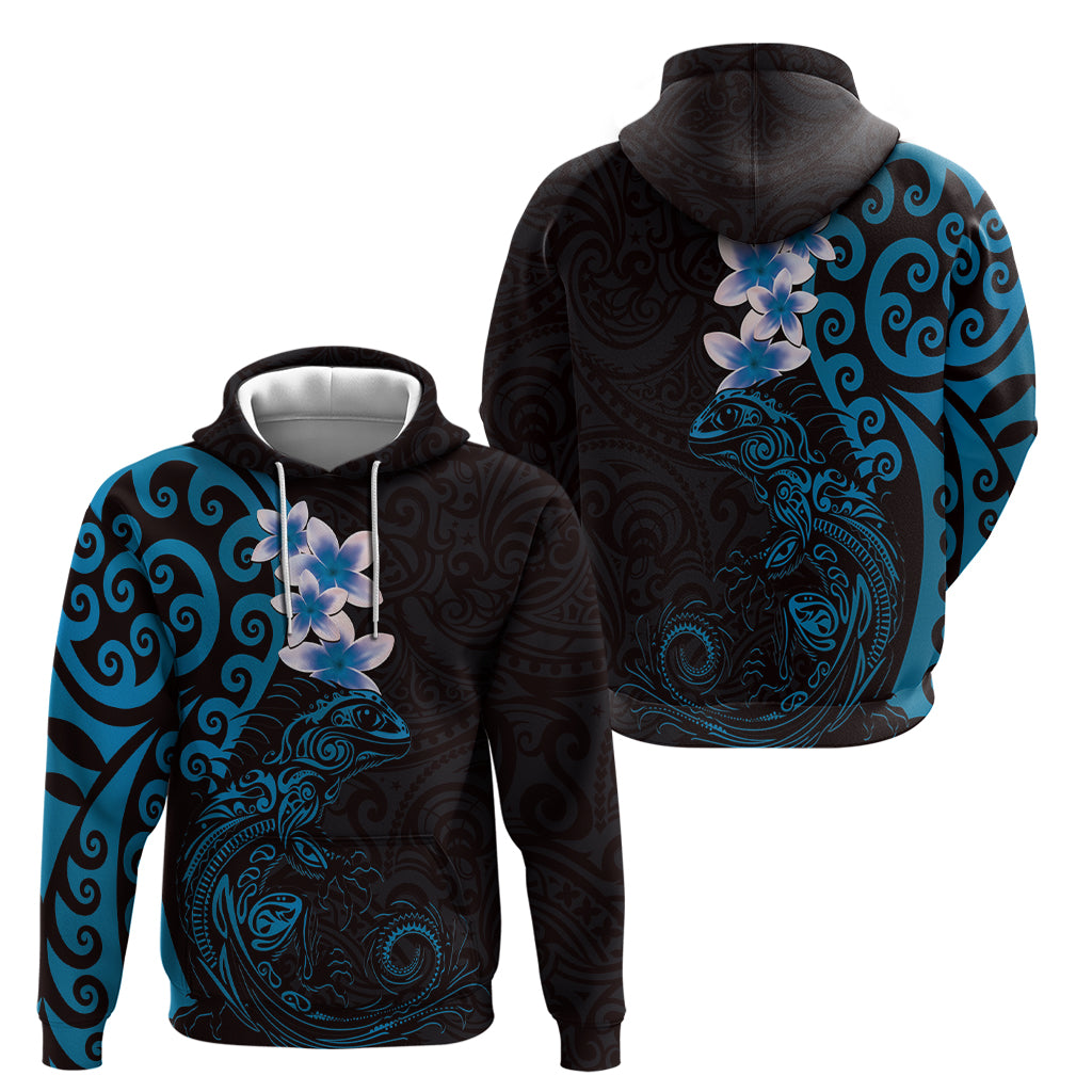 New Zealand Tuatara Plumeria Hoodie Maori Blue Koru Tribal Tattoo LT01 - Polynesian Pride