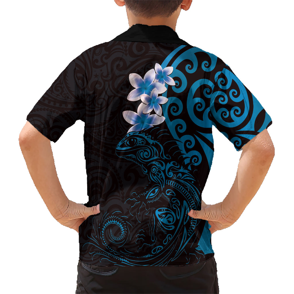 New Zealand Tuatara Plumeria Kid Hawaiian Shirt Maori Blue Koru Tribal Tattoo LT01 - Polynesian Pride