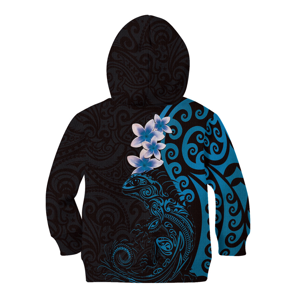 New Zealand Tuatara Plumeria Kid Hoodie Maori Blue Koru Tribal Tattoo LT01 - Polynesian Pride