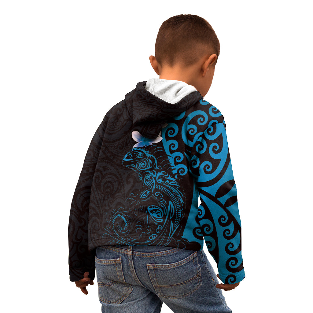 New Zealand Tuatara Plumeria Kid Hoodie Maori Blue Koru Tribal Tattoo LT01 - Polynesian Pride