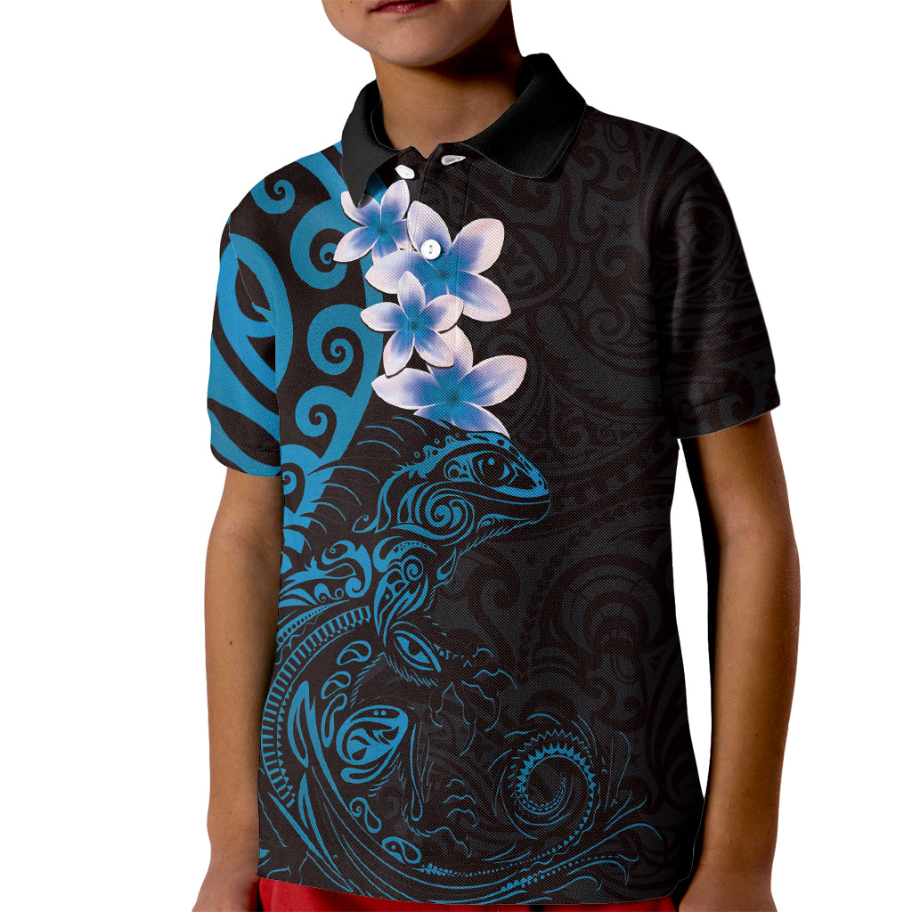New Zealand Tuatara Plumeria Kid Polo Shirt Maori Blue Koru Tribal Tattoo LT01 Kid Blue - Polynesian Pride