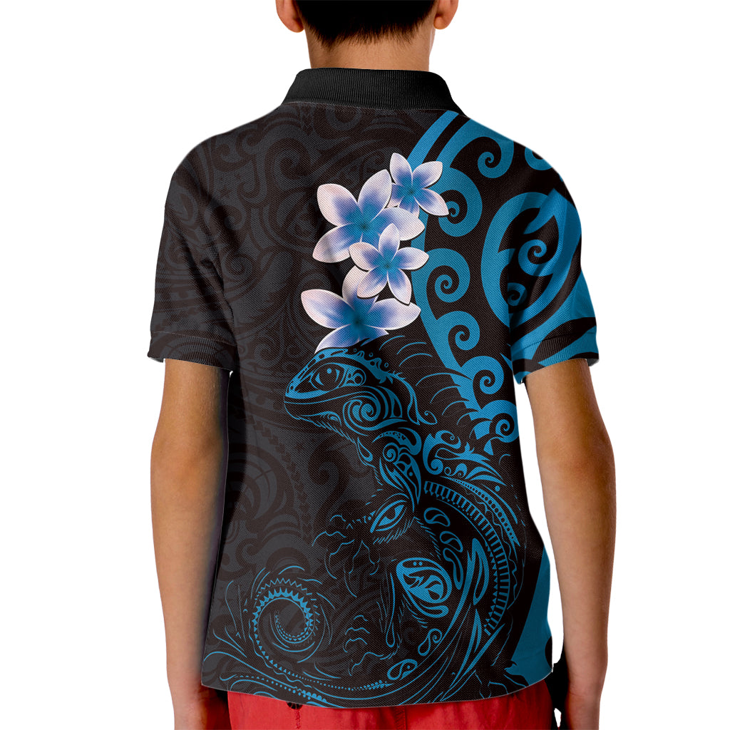 New Zealand Tuatara Plumeria Kid Polo Shirt Maori Blue Koru Tribal Tattoo LT01 - Polynesian Pride