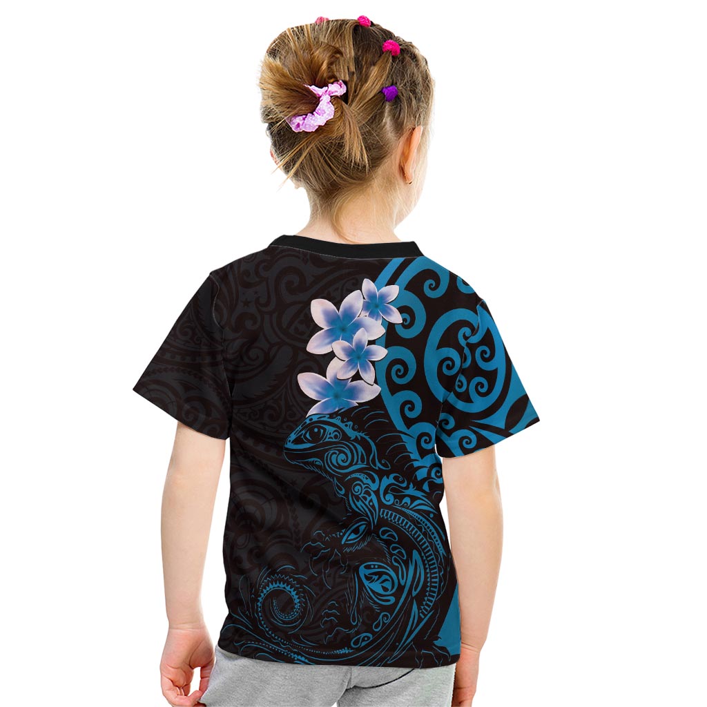 New Zealand Tuatara Plumeria Kid T Shirt Maori Blue Koru Tribal Tattoo LT01 - Polynesian Pride