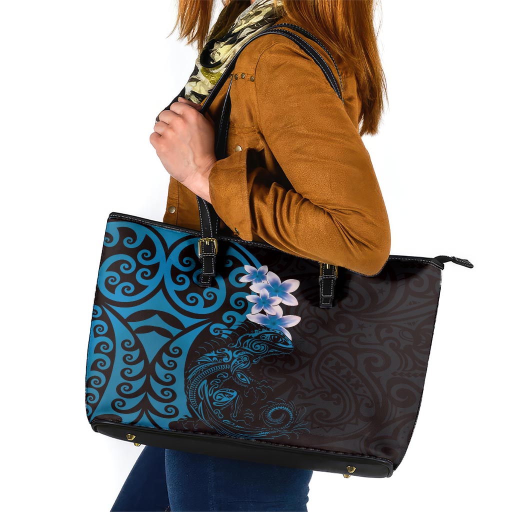 New Zealand Tuatara Plumeria Leather Tote Bag Maori Blue Koru Tribal Tattoo LT01 Blue - Polynesian Pride