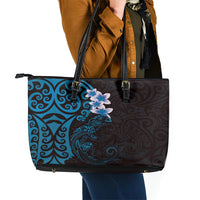 New Zealand Tuatara Plumeria Leather Tote Bag Maori Blue Koru Tribal Tattoo LT01 - Polynesian Pride