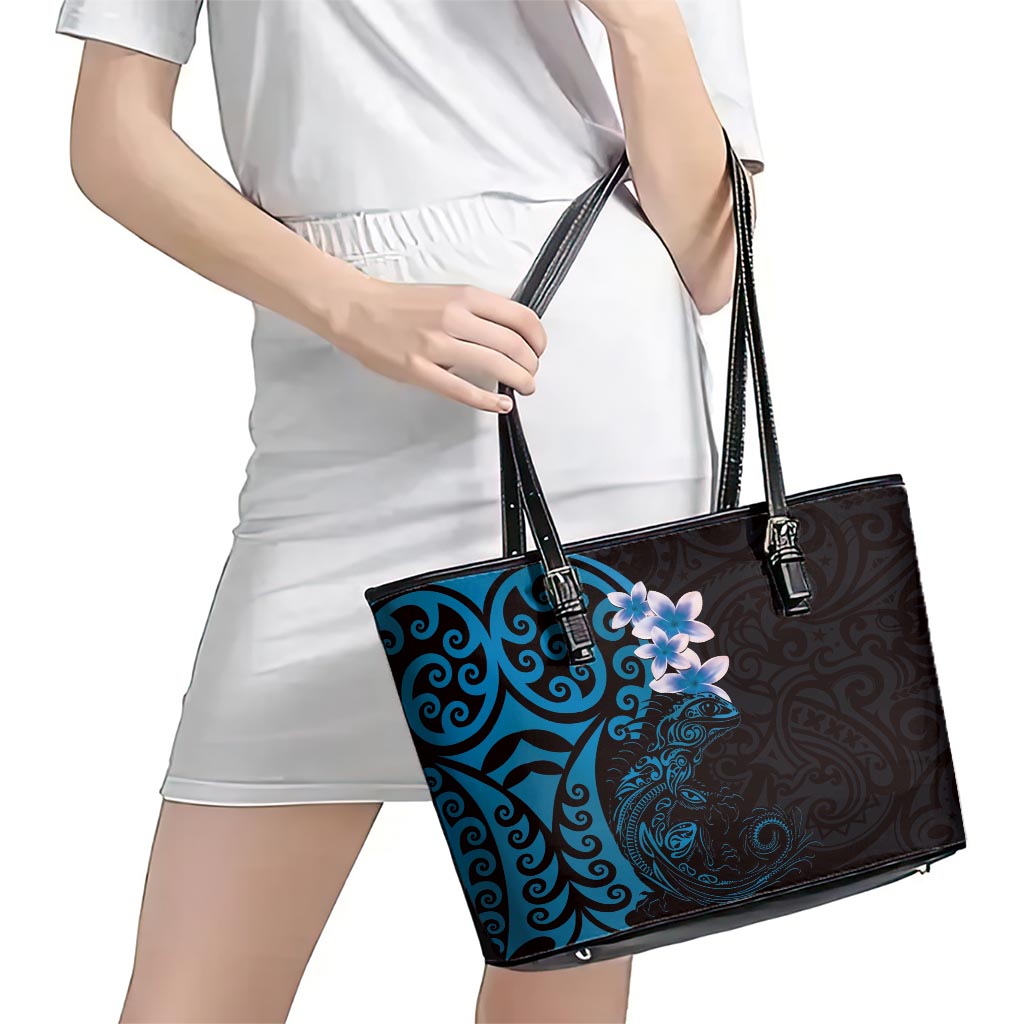 New Zealand Tuatara Plumeria Leather Tote Bag Maori Blue Koru Tribal Tattoo LT01 - Polynesian Pride