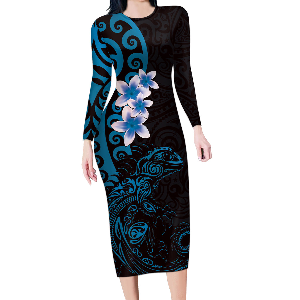New Zealand Tuatara Plumeria Long Sleeve Bodycon Dress Maori Blue Koru Tribal Tattoo LT01 Long Dress Blue - Polynesian Pride