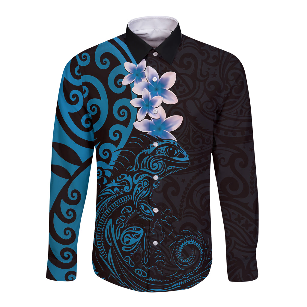 New Zealand Tuatara Plumeria Long Sleeve Button Shirt Maori Blue Koru Tribal Tattoo LT01 Unisex Blue - Polynesian Pride