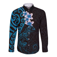 New Zealand Tuatara Plumeria Long Sleeve Button Shirt Maori Blue Koru Tribal Tattoo LT01 Unisex Blue - Polynesian Pride