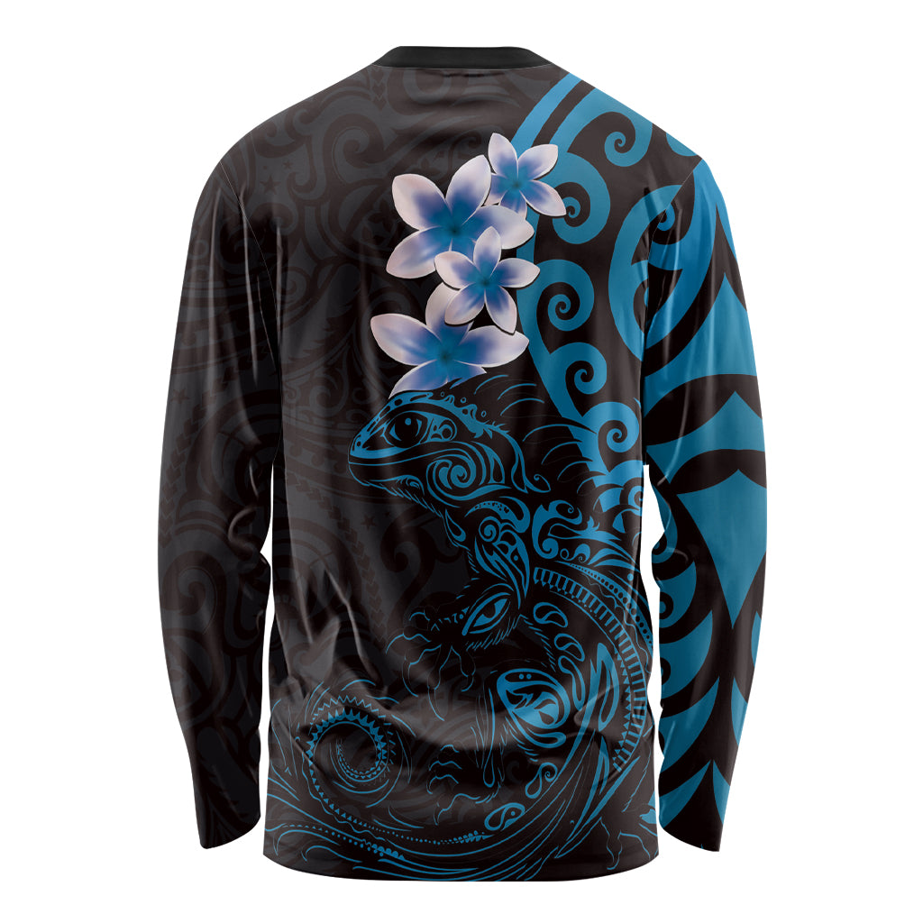 New Zealand Tuatara Plumeria Long Sleeve Shirt Maori Blue Koru Tribal Tattoo LT01 - Polynesian Pride