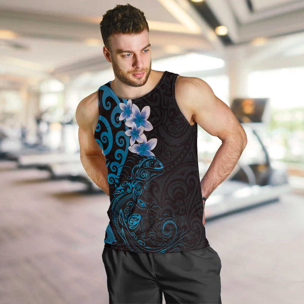 New Zealand Tuatara Plumeria Men Tank Top Maori Blue Koru Tribal Tattoo LT01 Blue - Polynesian Pride