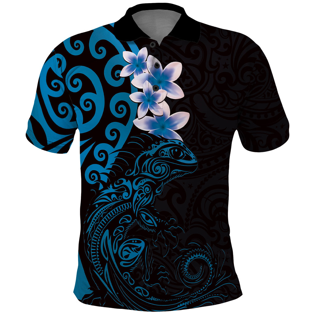New Zealand Tuatara Plumeria Polo Shirt Maori Blue Koru Tribal Tattoo LT01 Blue - Polynesian Pride