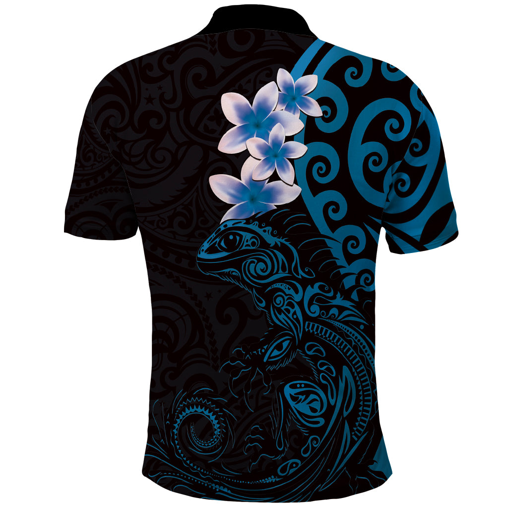 New Zealand Tuatara Plumeria Polo Shirt Maori Blue Koru Tribal Tattoo LT01 - Polynesian Pride