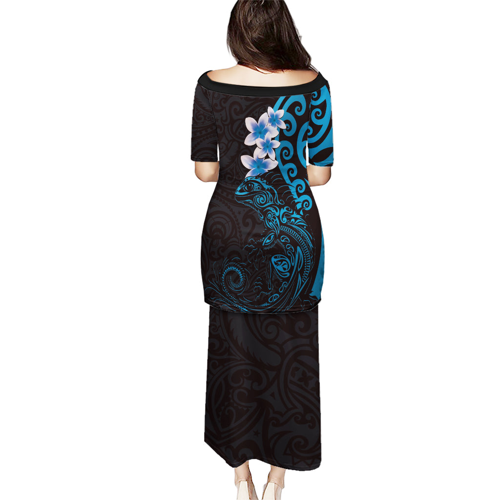 New Zealand Tuatara Plumeria Puletasi Maori Blue Koru Tribal Tattoo LT01 - Polynesian Pride