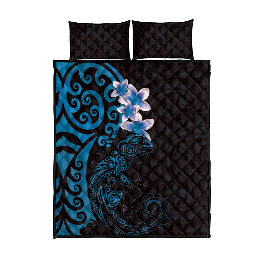New Zealand Tuatara Plumeria Quilt Bed Set Maori Blue Koru Tribal Tattoo LT01 - Polynesian Pride