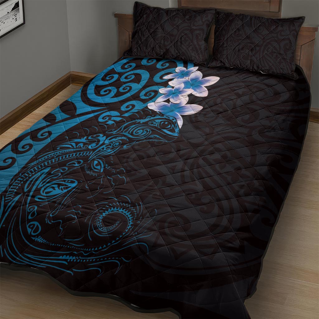 New Zealand Tuatara Plumeria Quilt Bed Set Maori Blue Koru Tribal Tattoo LT01 - Polynesian Pride