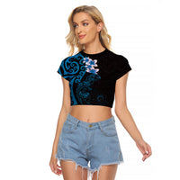 New Zealand Tuatara Plumeria Raglan Cropped T Shirt Maori Blue Koru Tribal Tattoo LT01 Female Blue - Polynesian Pride