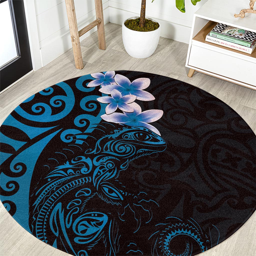 New Zealand Tuatara Plumeria Round Carpet Maori Blue Koru Tribal Tattoo LT01 Blue - Polynesian Pride