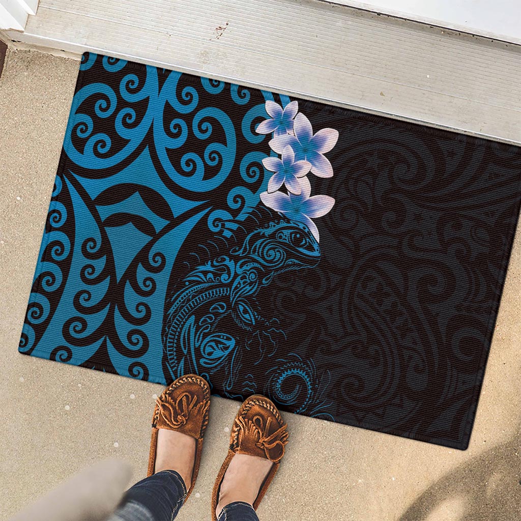 New Zealand Tuatara Plumeria Rubber Doormat Maori Blue Koru Tribal Tattoo LT01 - Polynesian Pride