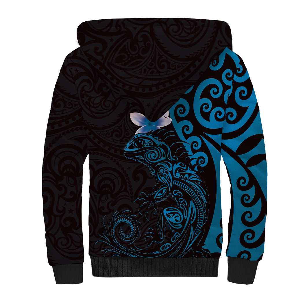 New Zealand Tuatara Plumeria Sherpa Hoodie Maori Blue Koru Tribal Tattoo LT01 - Polynesian Pride