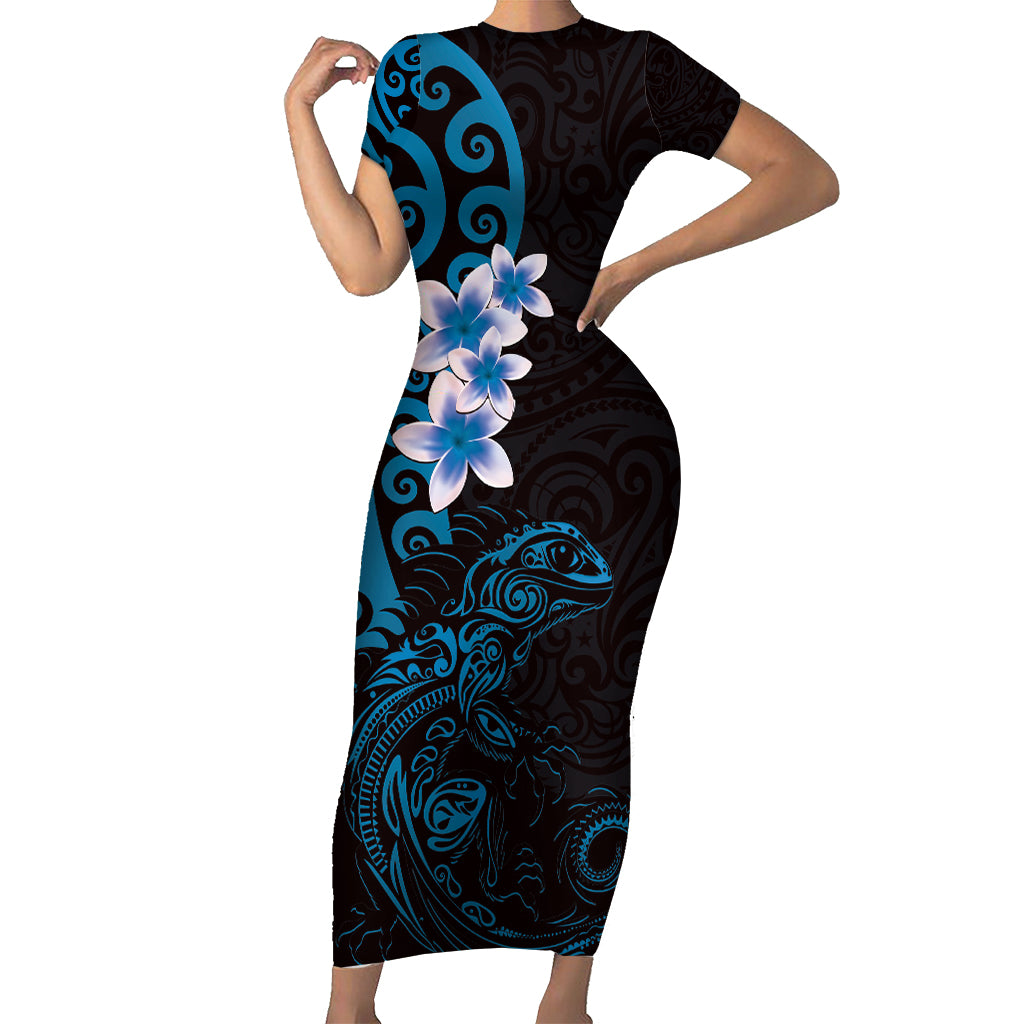 New Zealand Tuatara Plumeria Short Sleeve Bodycon Dress Maori Blue Koru Tribal Tattoo LT01 Long Dress Blue - Polynesian Pride