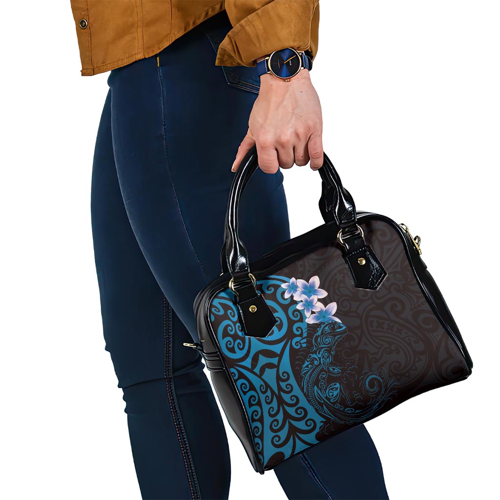New Zealand Tuatara Plumeria Shoulder Handbag Maori Blue Koru Tribal Tattoo LT01 - Polynesian Pride