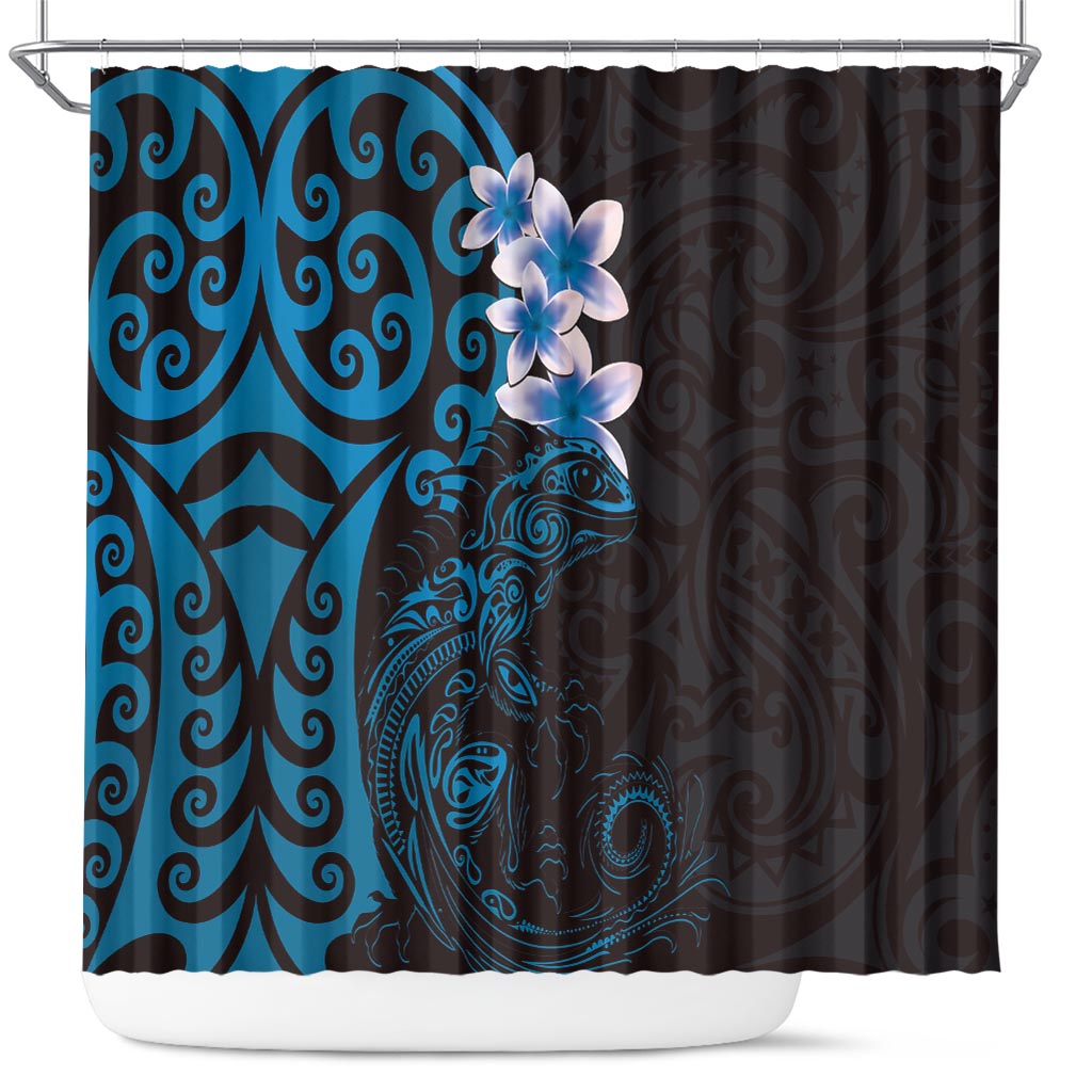 New Zealand Tuatara Plumeria Shower Curtain Maori Blue Koru Tribal Tattoo LT01 Blue - Polynesian Pride