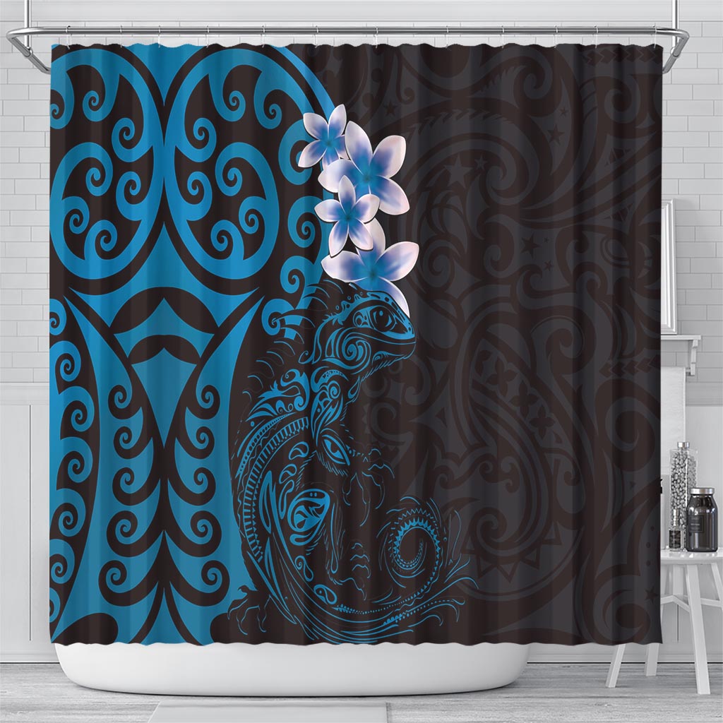 New Zealand Tuatara Plumeria Shower Curtain Maori Blue Koru Tribal Tattoo LT01 - Polynesian Pride