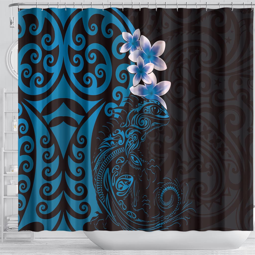 New Zealand Tuatara Plumeria Shower Curtain Maori Blue Koru Tribal Tattoo LT01 - Polynesian Pride