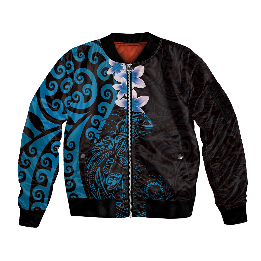 New Zealand Tuatara Plumeria Sleeve Zip Bomber Jacket Maori Blue Koru Tribal Tattoo LT01 Unisex Blue - Polynesian Pride