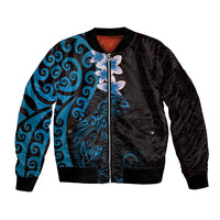 New Zealand Tuatara Plumeria Sleeve Zip Bomber Jacket Maori Blue Koru Tribal Tattoo LT01 Unisex Blue - Polynesian Pride
