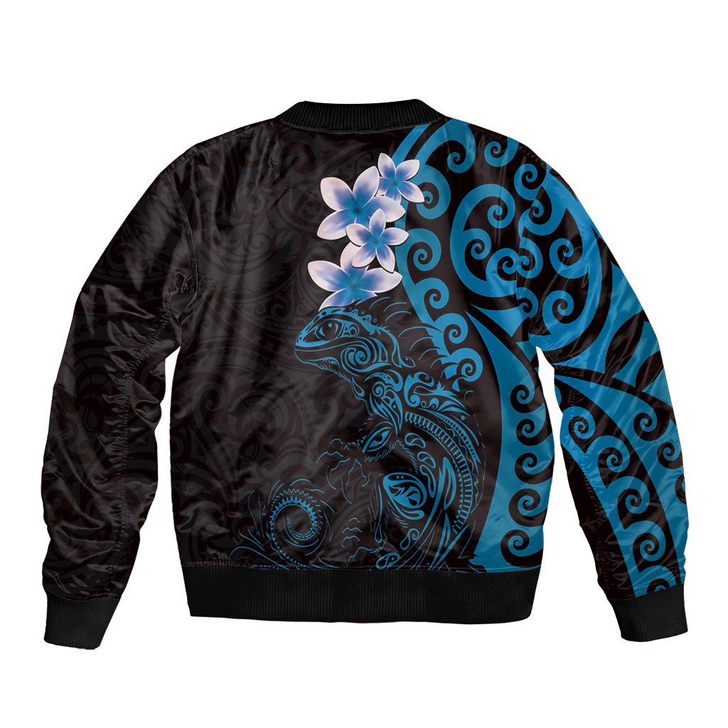 New Zealand Tuatara Plumeria Sleeve Zip Bomber Jacket Maori Blue Koru Tribal Tattoo LT01 - Polynesian Pride