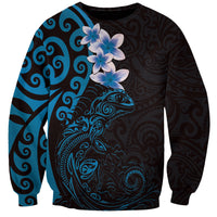New Zealand Tuatara Plumeria Sweatshirt Maori Blue Koru Tribal Tattoo LT01 Unisex Blue - Polynesian Pride